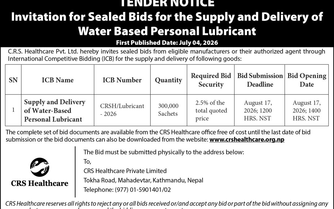 Tender Notice for the Supply and Delivery of Water Based Personal Lubricant